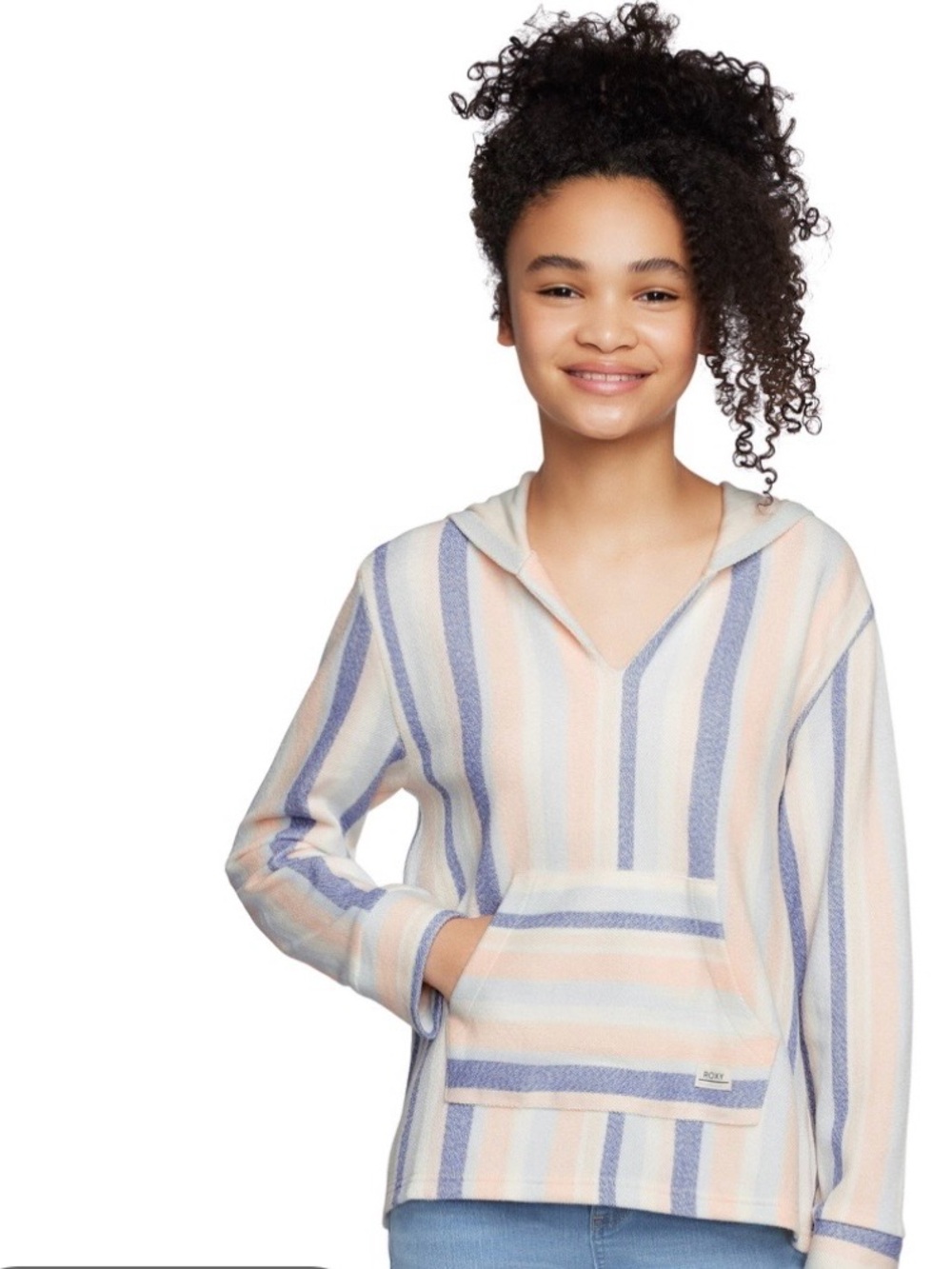 Roxy Girls Striped Hooded Pullover - Cream, Blue & Peach